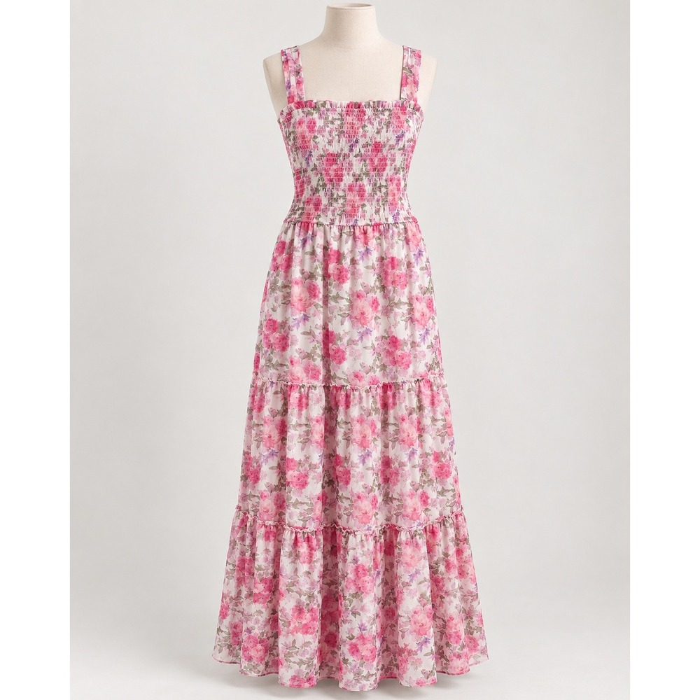 Altard State Annika Pink Floral Smocked Tiered Maxi Dress XL Tie Back New